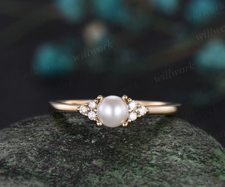 Dainty round pearl Engagement Ring Set solid 14k yellow gold Minimalist stakcing diamond bridal set women