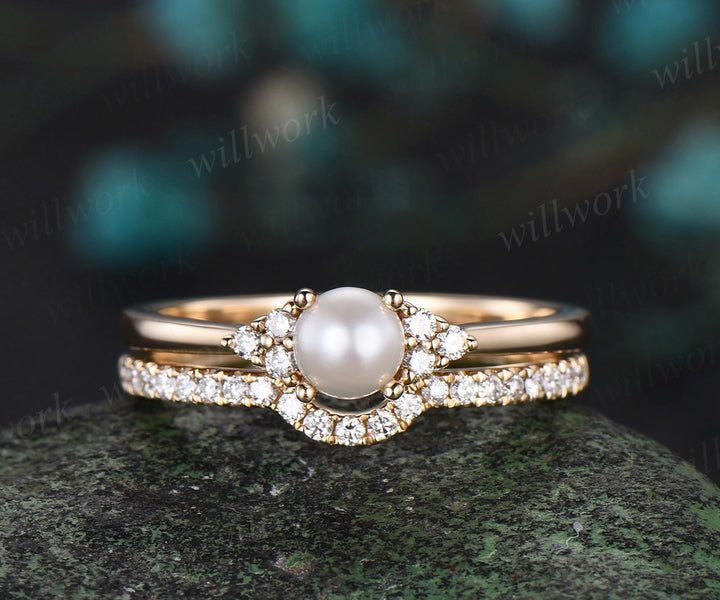 Dainty round pearl Engagement Ring Set solid 14k yellow gold Minimalist stakcing diamond bridal set women