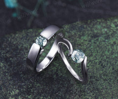 Minimalist Solitaire Moss Agate Men’s & Women’s Rings Round Moss Agate Couple Ring Set
