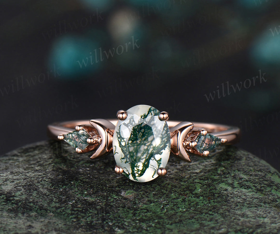 Oval cut moss agate promise ring Celtic knot moon three stone engagement ring set women kite wedding ring women