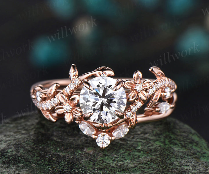 1 Carat Round Lab Grown Diamond Ring 14k Rose Gold Flower Engagement Ring Set IGI Certified Diamond Wedding Ring Nature Entangled Vines Ring