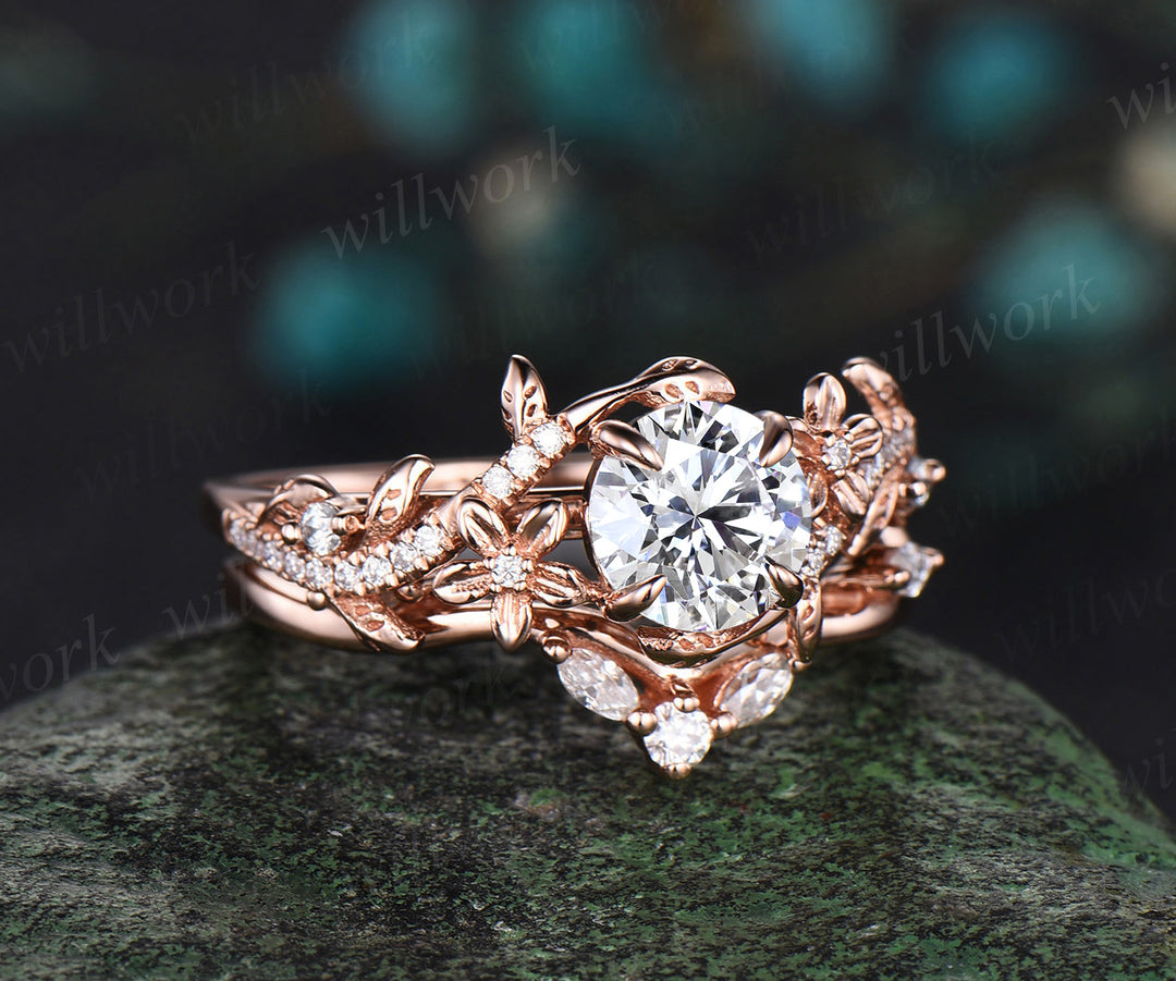 1 Carat Round Lab Grown Diamond Ring 14k Rose Gold Flower Engagement Ring Set IGI Certified Diamond Wedding Ring Nature Entangled Vines Ring