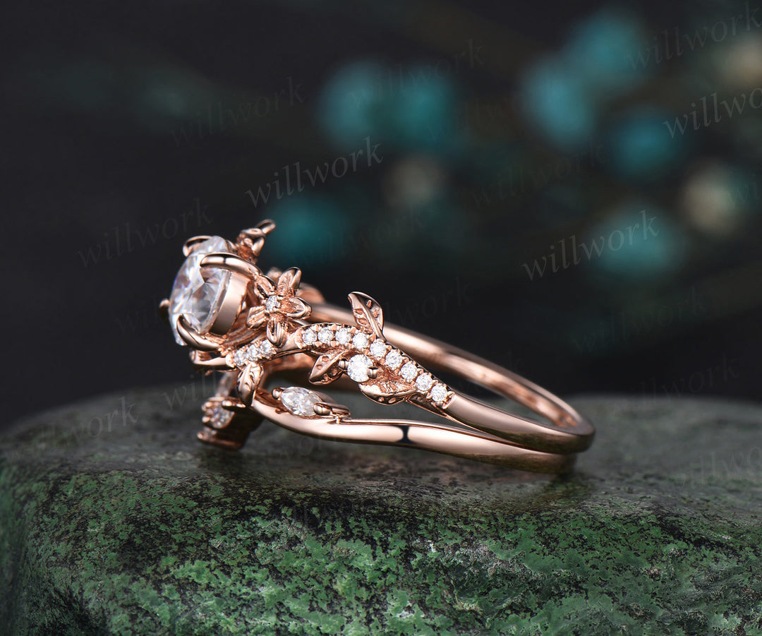 1 Carat Round Lab Grown Diamond Ring 14k Rose Gold Flower Engagement Ring Set IGI Certified Diamond Wedding Ring Nature Entangled Vines Ring