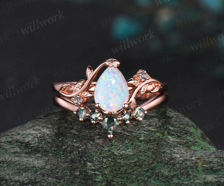 Vintage oval cut White Opal engagement ring rose gold cluster leaf Moss Agate nature inspired bridal promise wedding ring set women