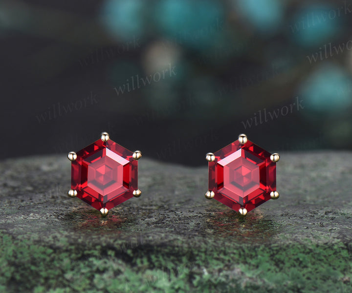 Hexagon cut red ruby stud earrings 14k yellow gold Solitaire Minimalist 6 prong earrings anniversary gift for women