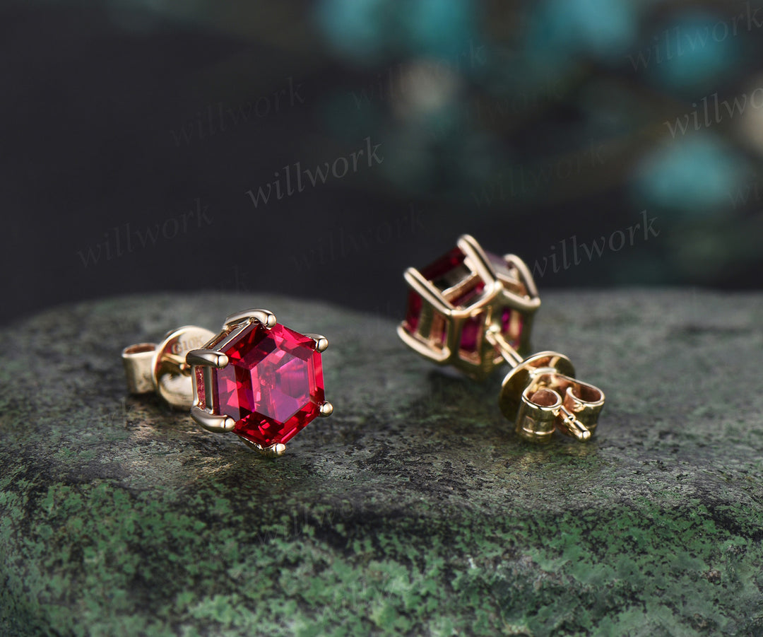 Hexagon cut red ruby stud earrings 14k yellow gold Solitaire Minimalist 6 prong earrings anniversary gift for women