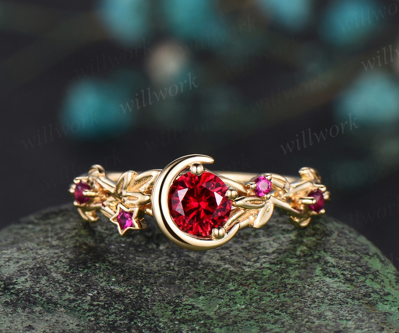 Round cut Ruby Engagement Ring Gothic Black Moon Leaf Design Ring Leaf ...