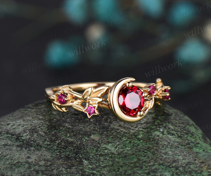 Round cut Ruby Engagement Ring Gothic Black Moon Leaf Design Ring Leaf Branch 14k yellow gold Wedding Ring Witchy Ring July Birthstone Gift