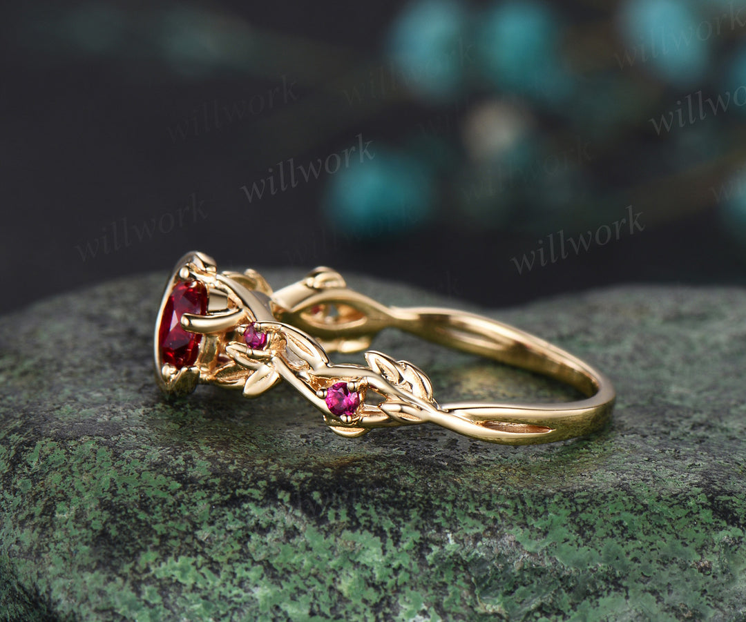 Round cut Ruby Engagement Ring Gothic Black Moon Leaf Design Ring Leaf Branch 14k yellow gold Wedding Ring Witchy Ring July Birthstone Gift