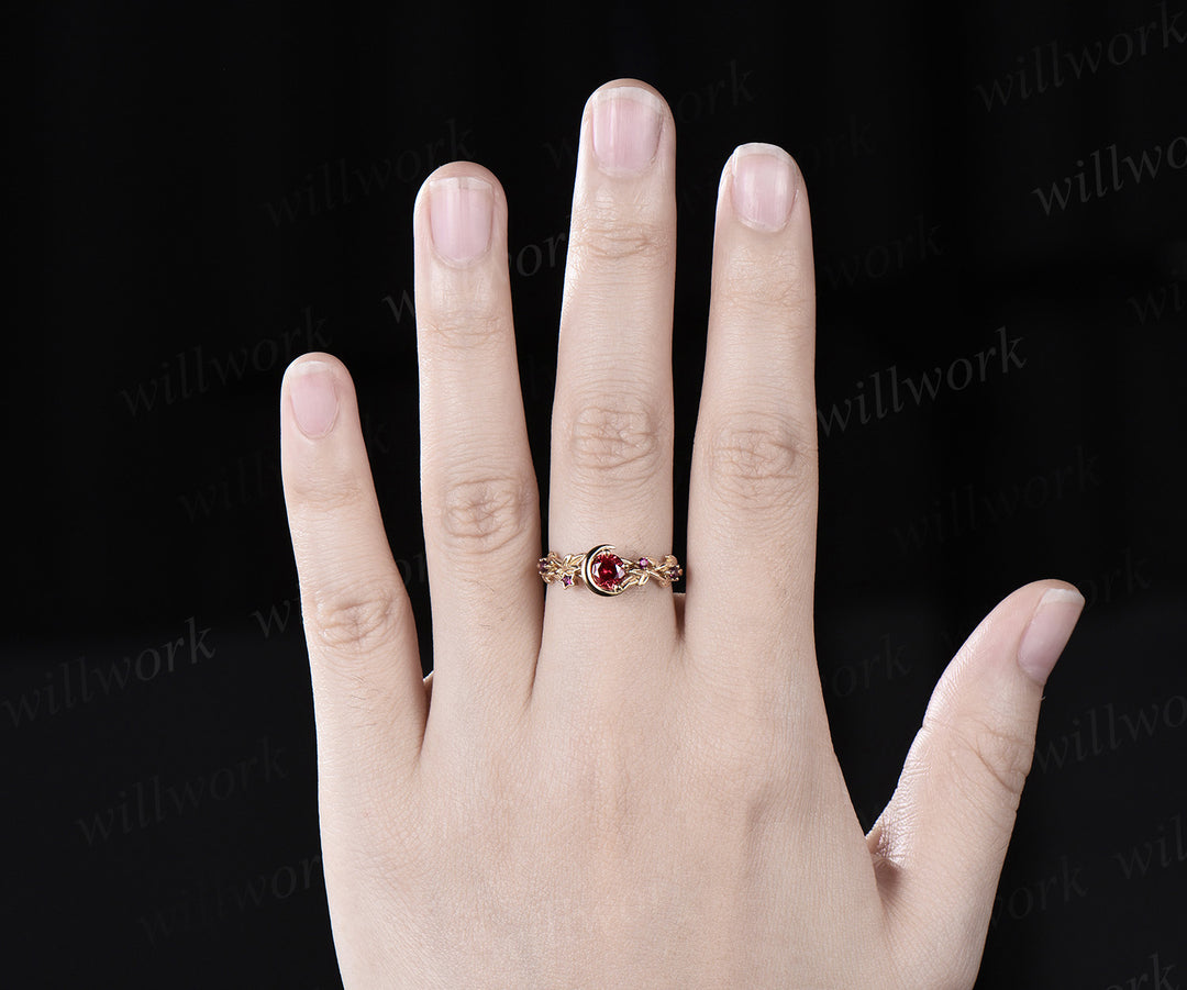 Round cut Ruby Engagement Ring Gothic Black Moon Leaf Design Ring Leaf Branch 14k yellow gold Wedding Ring Witchy Ring July Birthstone Gift