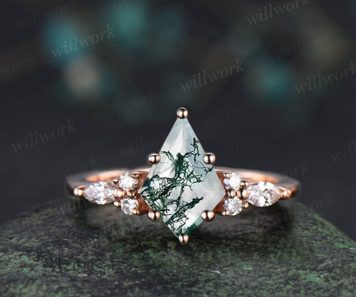 Kite cut moss agate engagement ring rose gold leaf alexandrite diamond wedding band enhancer unique anniversary bridal ring set women