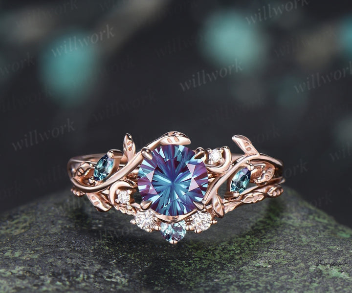 1CT Fireworks Cut Alexanrite Ring Set Leaf Vine Art Dece Moon Promise Ring Diamond Alexandrite Wedding Band Vintage Bridal Set