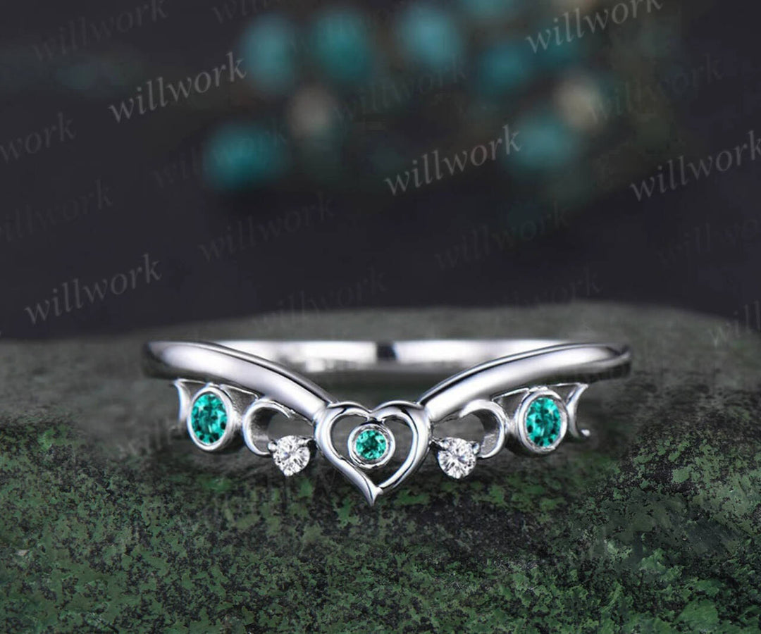 Vintage pear shaped green moss agate engagement ring white gold heart leaf moon nature inspired emerald wedding ring set women jewelry gift