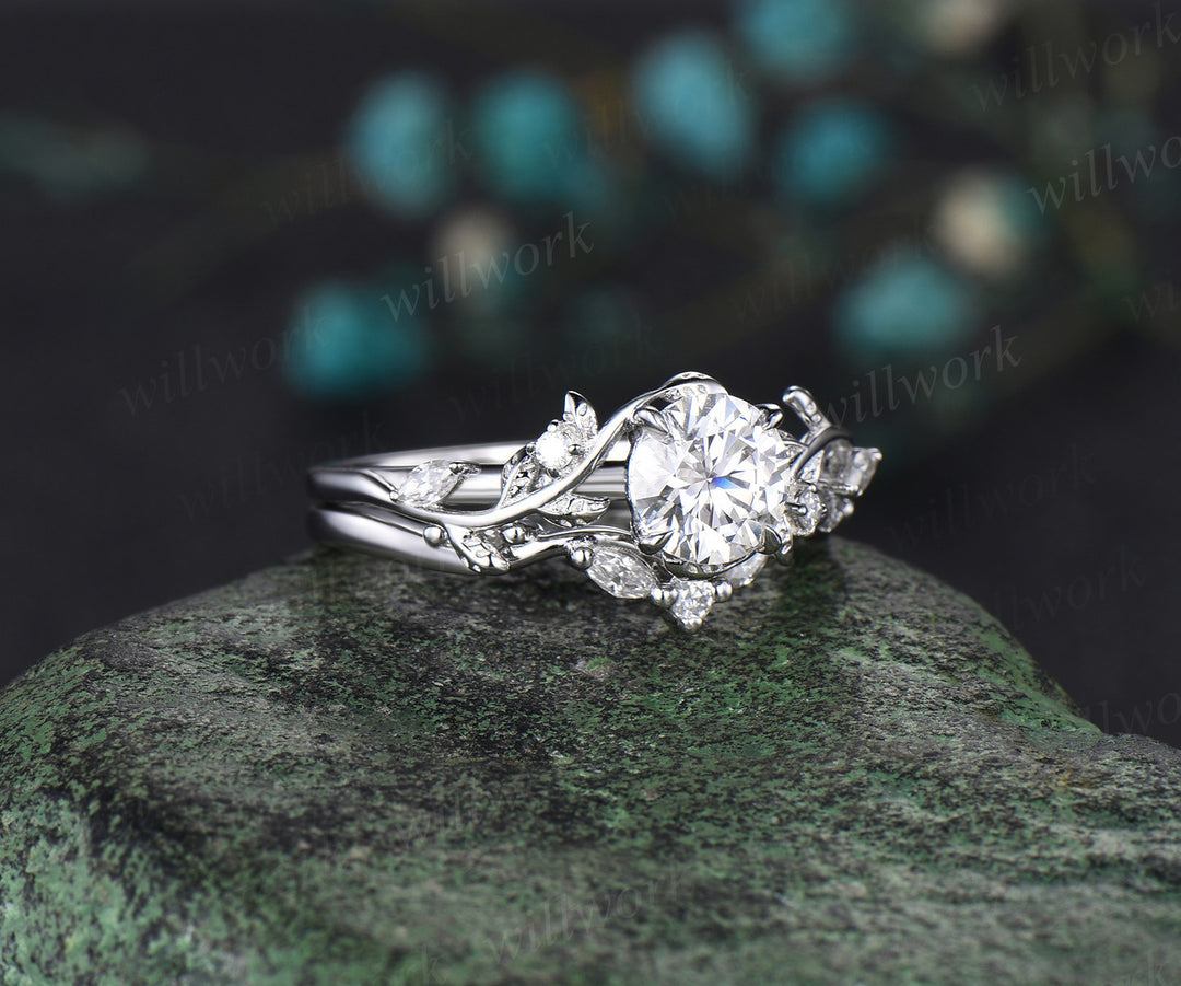 Round cut 1ct moissanite ring vintage white gold diamond branch leaf unique engagement ring set women wedding promise ring her