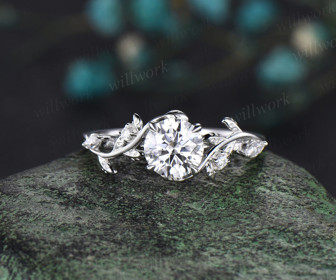 Round cut 1ct moissanite ring vintage white gold diamond branch leaf unique engagement ring set women wedding promise ring her