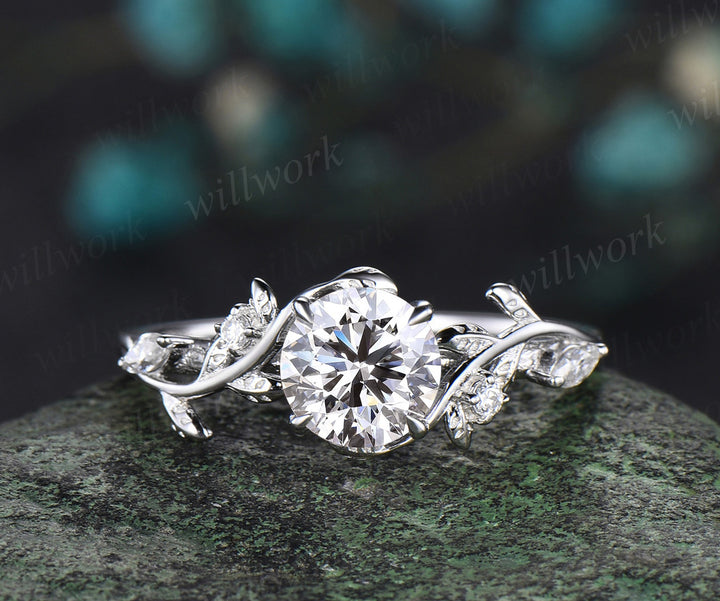 1ct round cut Lab grown diamond engagement ring solid 14k 18k white gold branch leaf five stone promise wedding ring set women