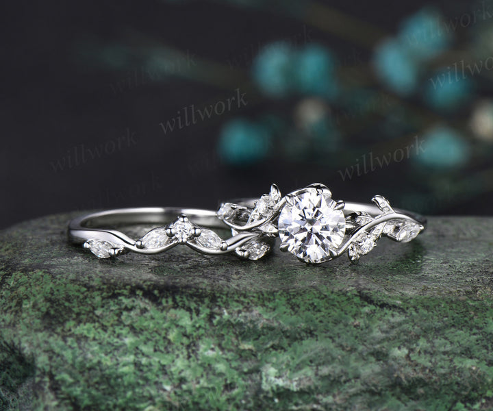 Round cut 1ct moissanite ring vintage white gold diamond branch leaf unique engagement ring set women wedding promise ring her