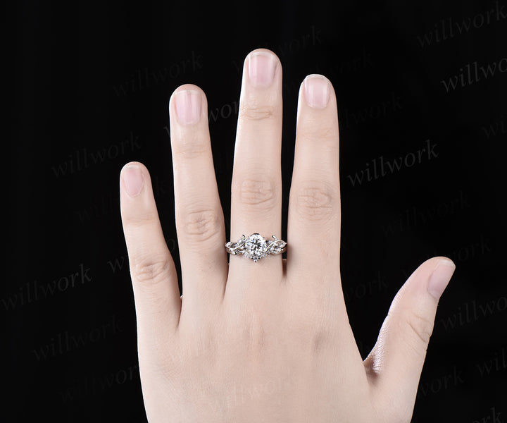 1ct round cut Lab grown diamond engagement ring solid 14k 18k white gold branch leaf five stone promise wedding ring set women