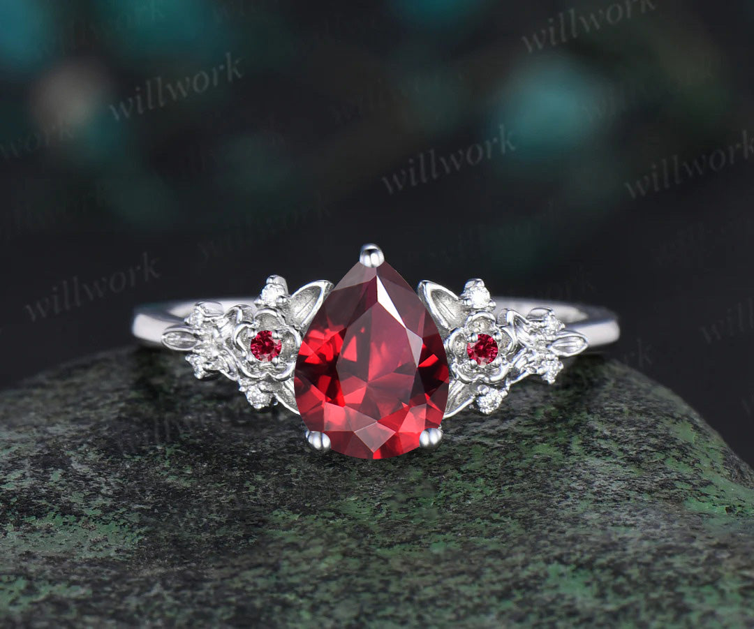 Vintage pear red ruby engagement ring solid 14k rose gold twig leaf floral antique unique cluster diamond bridal wedding ring set women gift