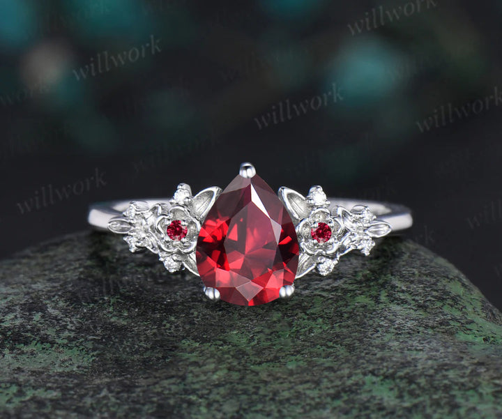 Vintage pear red ruby engagement ring solid 14k rose gold twig leaf floral antique unique cluster diamond bridal wedding ring set women gift