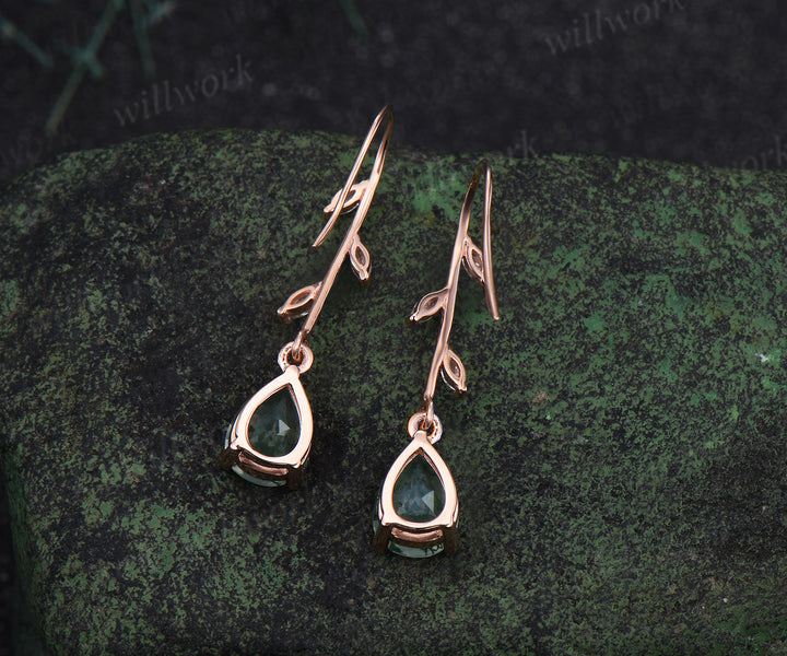 Unique pear moss agate leaf moissanites earrings marquise cut moissanite dangle earrings gift for her