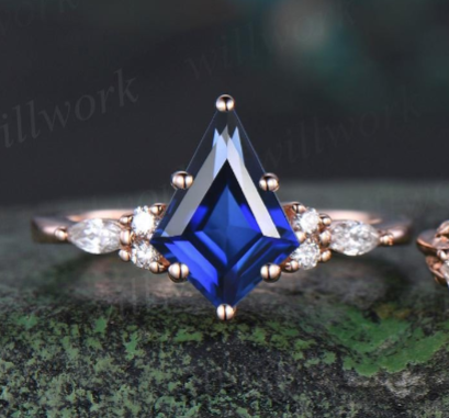 Vintage kite cut blue sapphire engagement ring leaf stacking rose gold diamond wedding promise ring set women jewelry