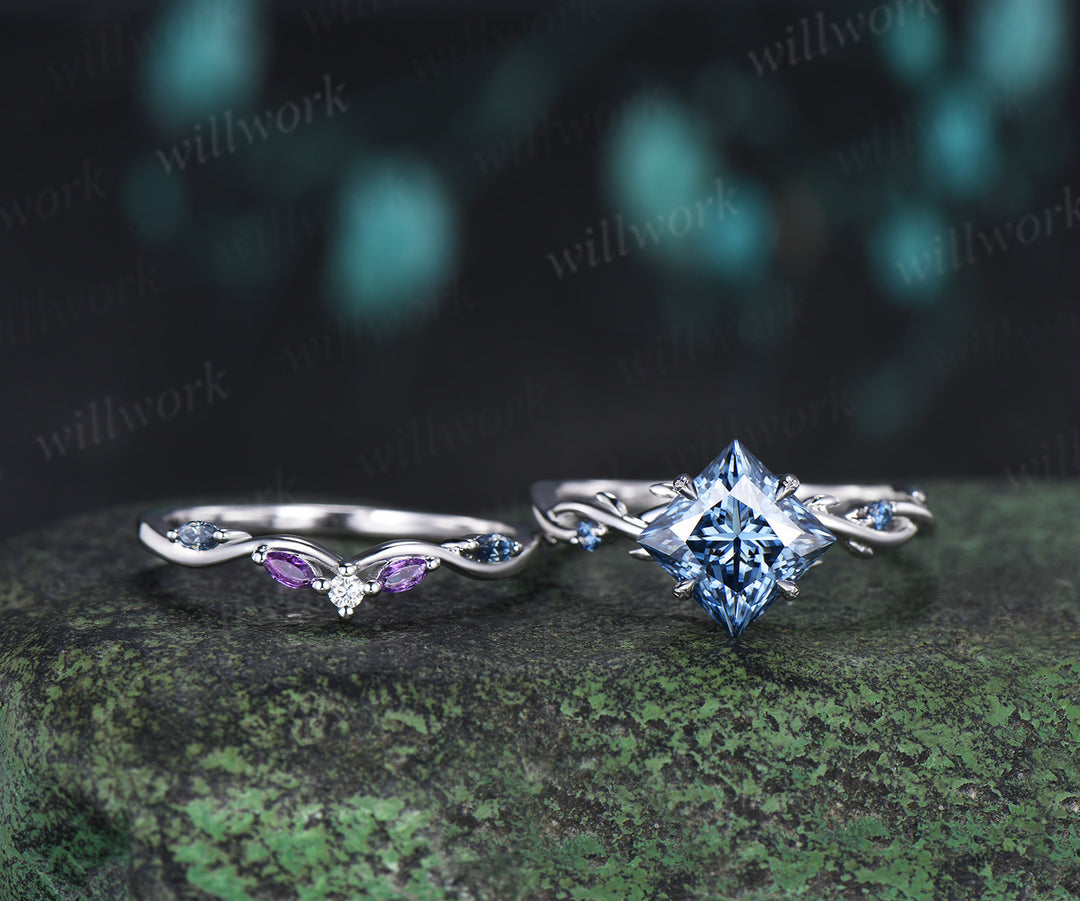 Princess Cut Blue Moissanite Ring Set Twig Branch Engagement Ring Amethyst Accents Twisted Wedding Band Unique Bridal Set