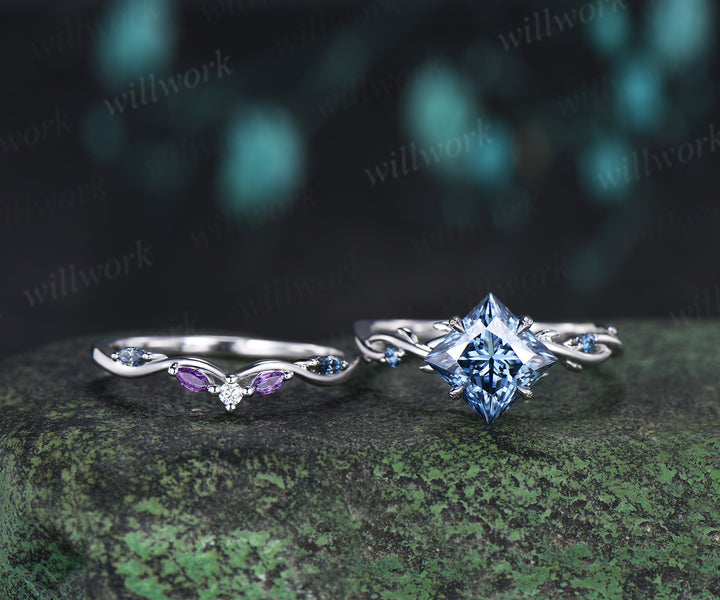 Princess Cut Blue Moissanite Ring Set Twig Branch Engagement Ring Amethyst Accents Twisted Wedding Band Unique Bridal Set