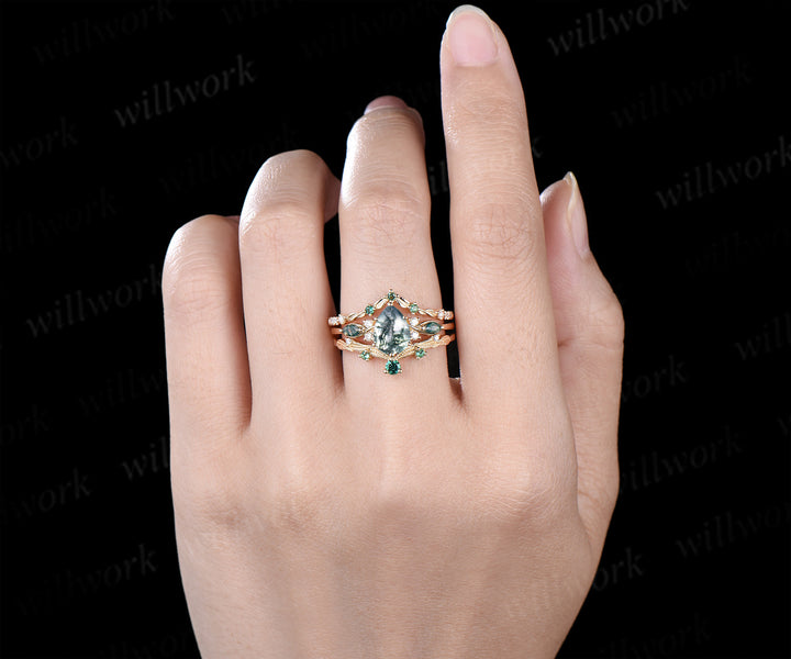 Nature inspired pear moss agate ring set marquise moss agate seven stone ring art deco emerald moissanites wedding band unique bridal set