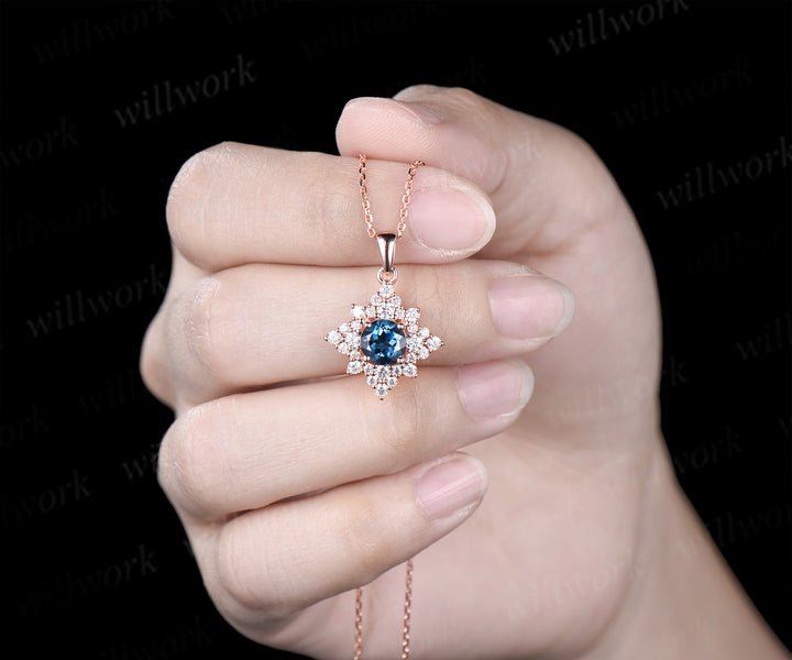 Dainty Round Cut Natural London Blue Topaz Necklace 14k Rose Gold Moissanite Halo Cluster Pendant Minimalist December Birthstone Necklace