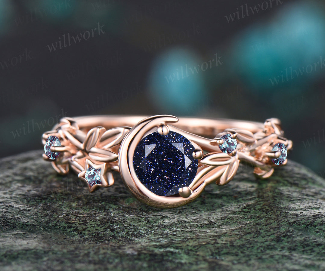 Vintage Galaxy Round Cut Blue Sandstone Engagement Ring Unique Leaf Vine Twig Branch Alexandrite Wedding Ring Moon Star Nature Inspired Bridal Anniversary Ring