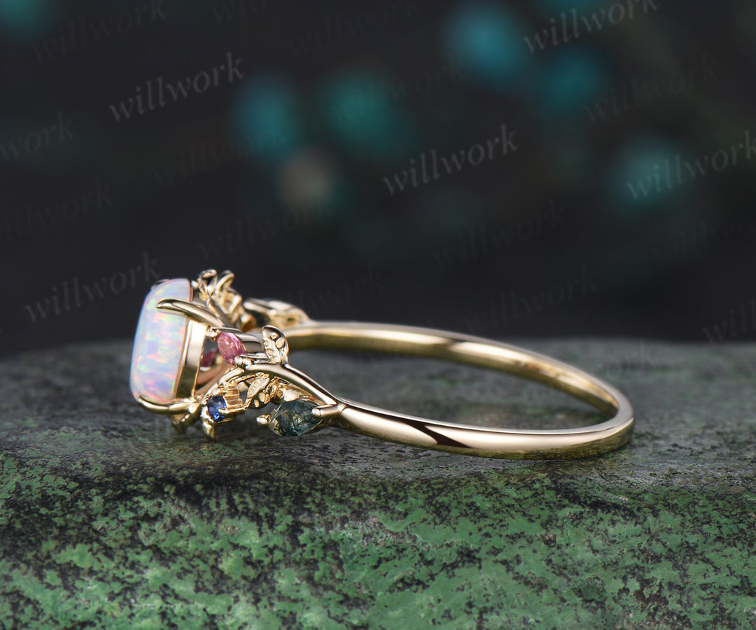 Oval white opal engagement ring yellow gold leaf branch moss agate sapphire Pink tourmaline ring vintage unique anniversary gift