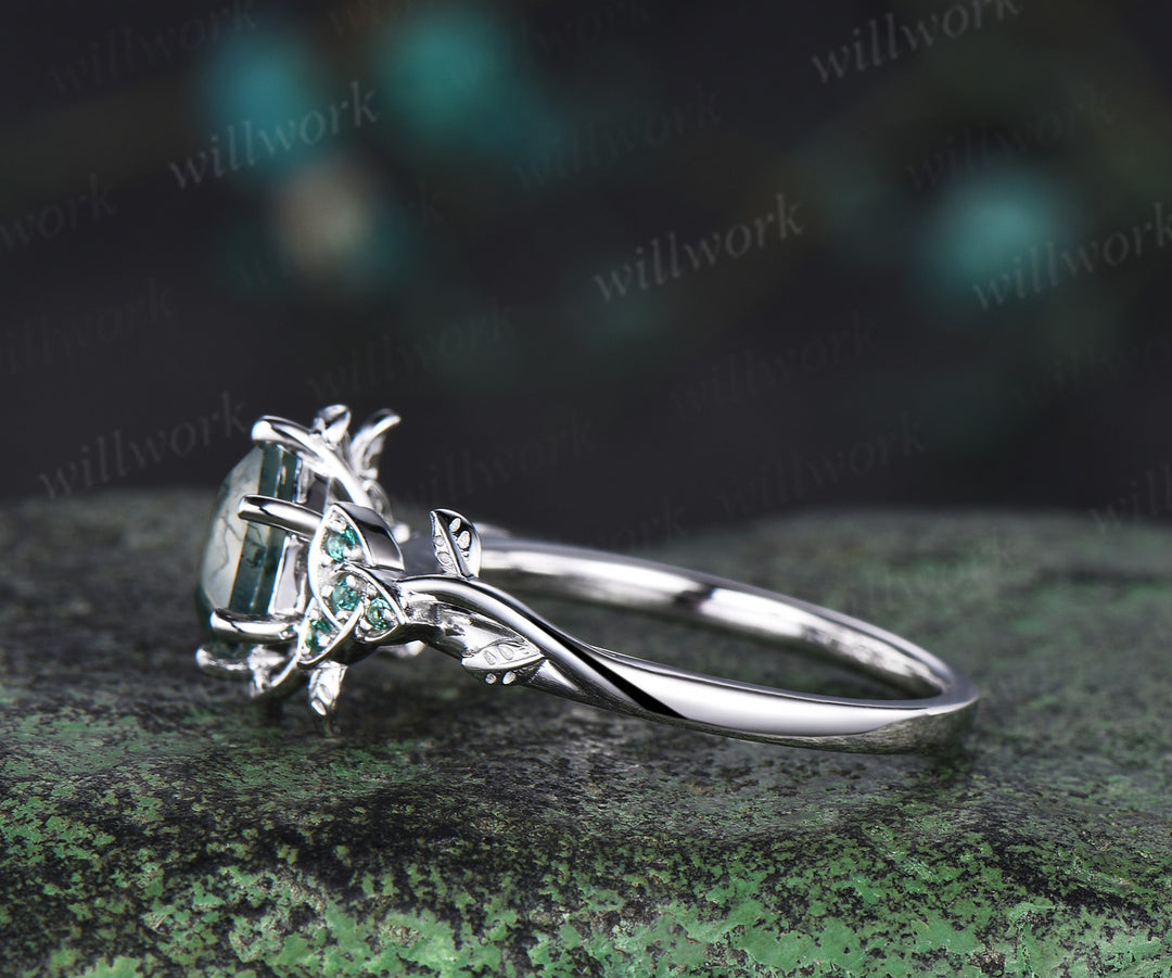 Hexagon cut Natural moss agate Celtic knot engagement ring white gold emerald leaf ring women anniversary gifts