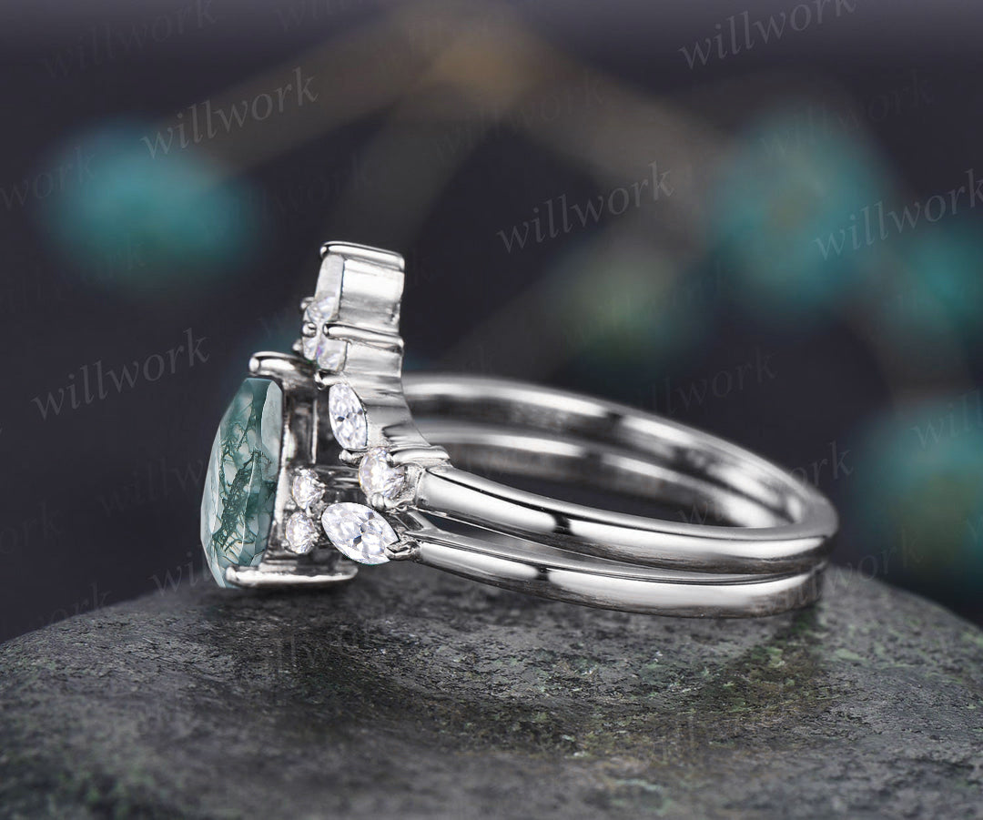 READY TO SHIP: 2PC Pear Shape Moss Agate Ring Set - Sterling Silver - Ring Size: 10 US