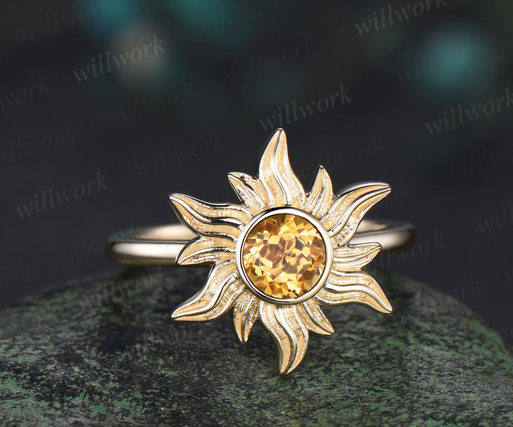 Tangled Rapunzel Princess Sun Engagement Ring 14k yellow Gold Citrine Ring Sunflower Solitaire Wedding Promise Ring Gift For Her