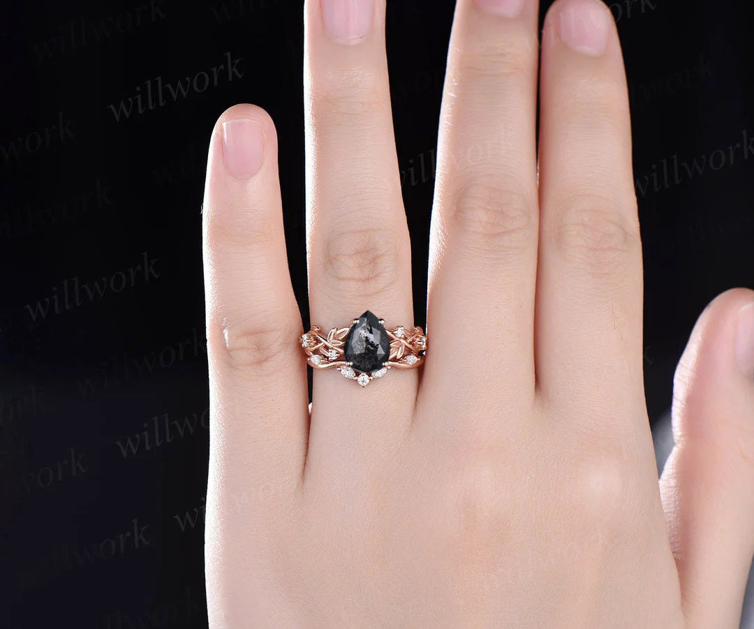 Twig Pear Salt and Pepper Diamond Engagement Ring Set Nature Inspired Leaf Aniversary Ring for Women