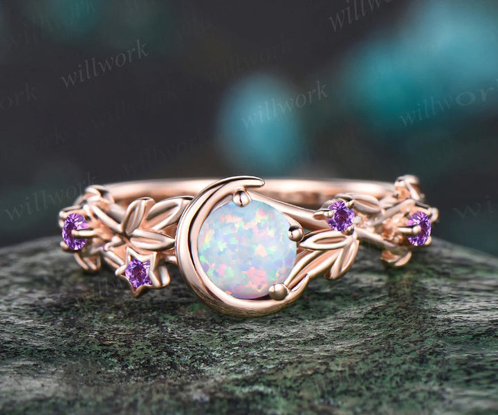 Round Cut Opal October birthstone Engagement Ring Unique Amethyst Moon Star Wedding Ring Leaf Vine Twig Branch Nature Inspired Anniversary Ring Jewelry Gift