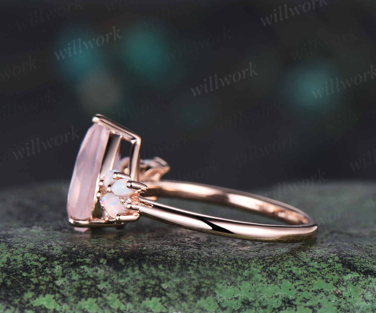 Pear shaped rose quartz engagement ring rose gold cluster opal