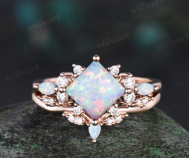 Square white opal engagement ring set cluster diamond rose gold ring women stacking promise wedding ring set