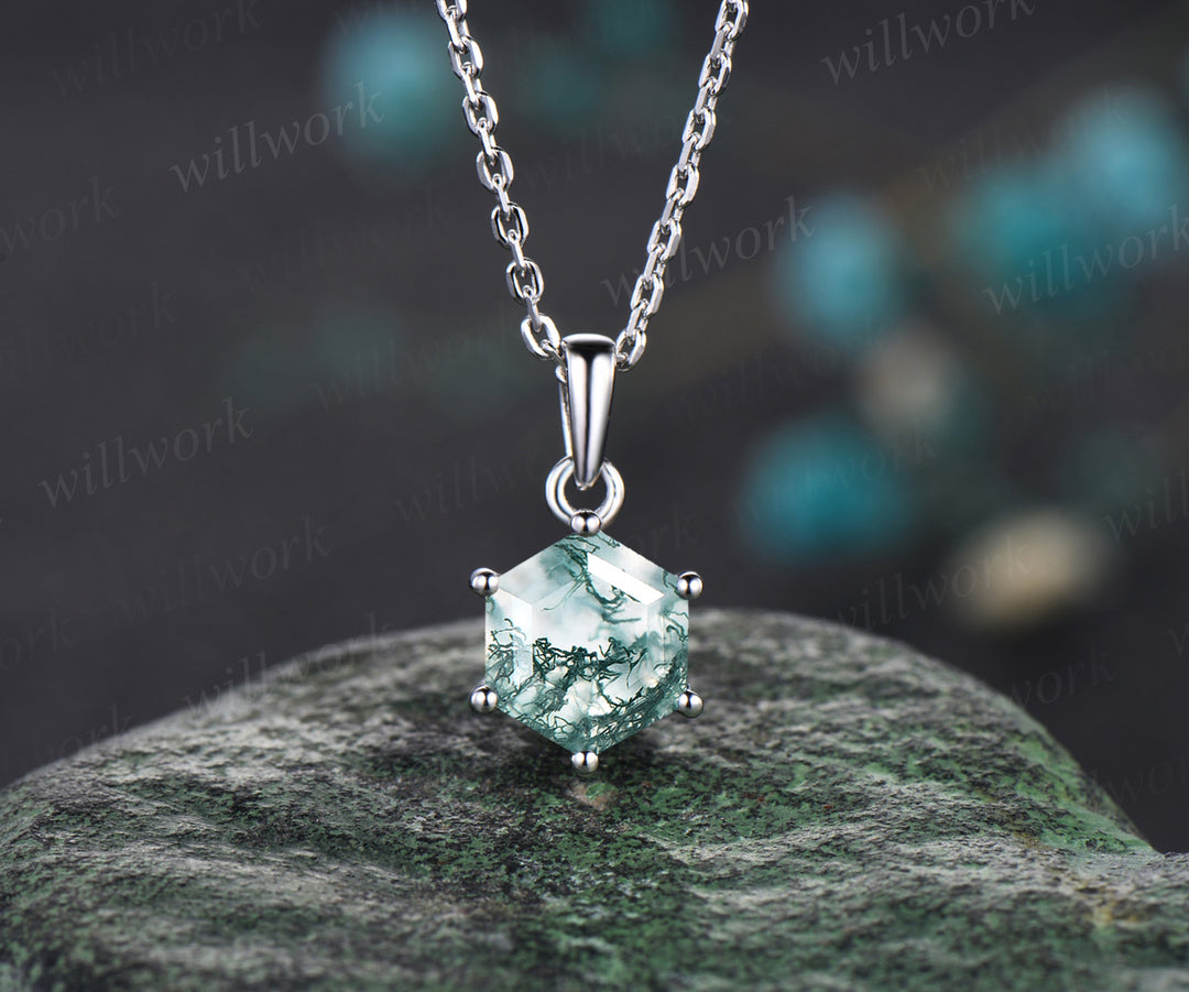 Unique hexagon moss agate necklace minimalism moss agate pendant sterling silver rose gold necklace gifts for women