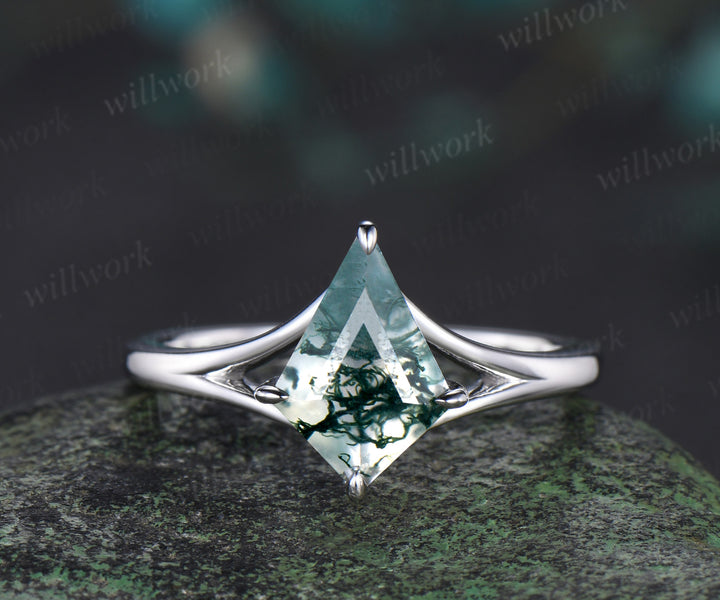 Kite cut moss agate bridal ring set white gold unique split shank engagement ring infinity wedding ring set women