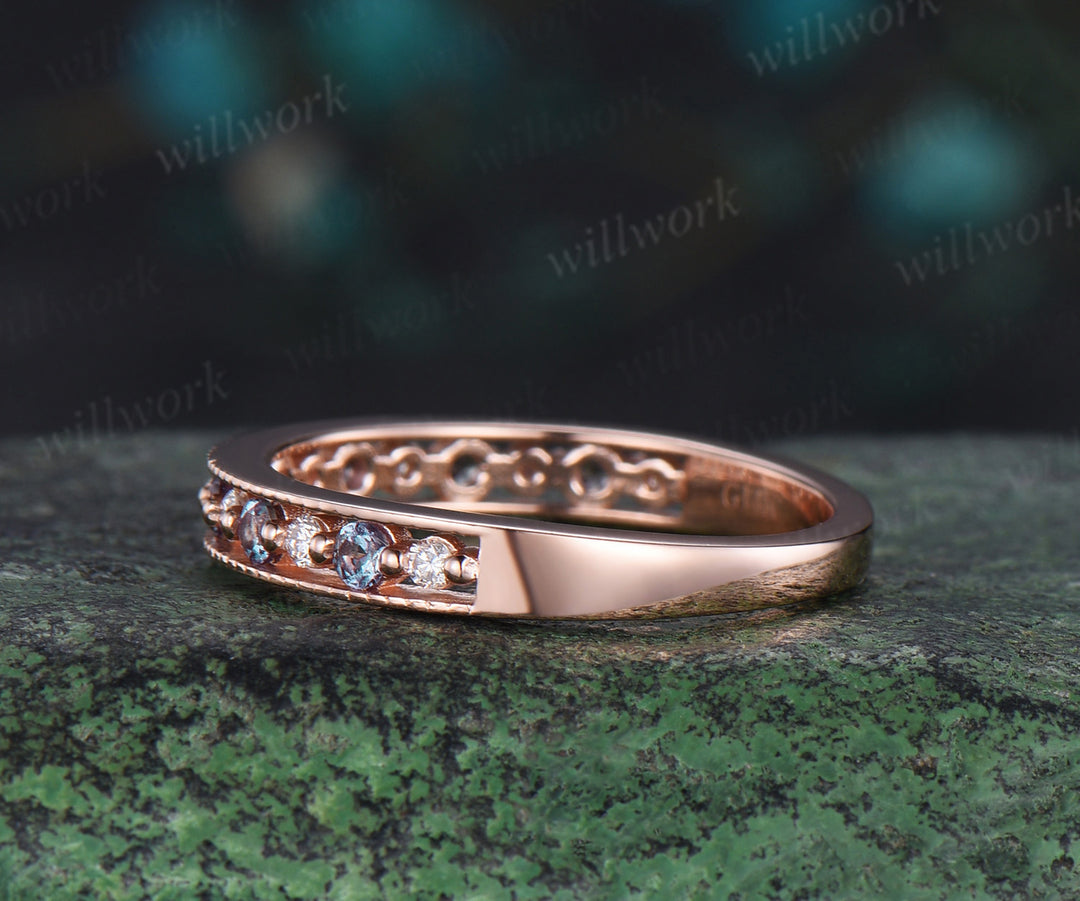 Alexandrite wedding band solid 14k rose gold Milgrain half eternity diamond anniversary ring women men gift