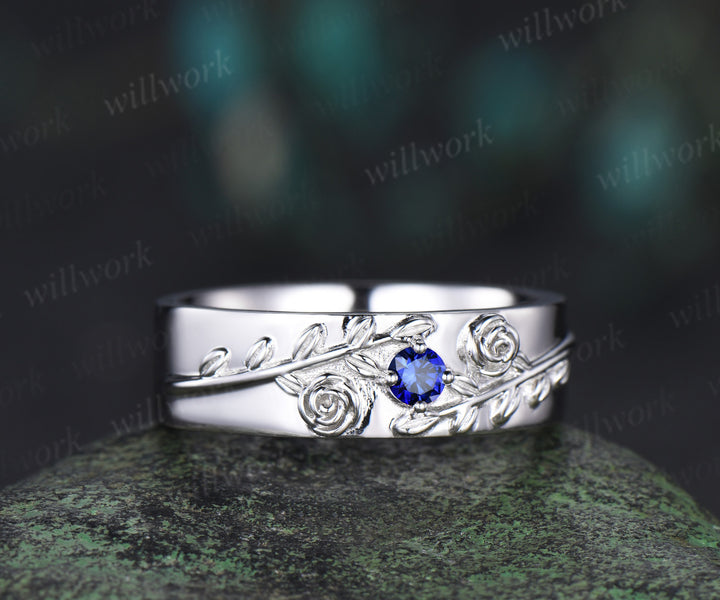 Round blue sapphire mens wedding band solid 14k white gold leaf floral wedding ring unique anniversary ring gift nature inspired Engagement Ring