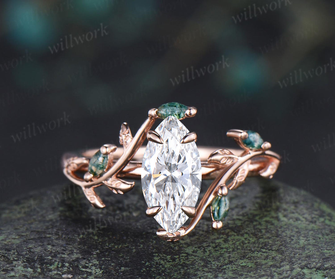 Marquise lab grown diamond leaf ring set marquise moss agate wedding ring nature inspired bridal set
