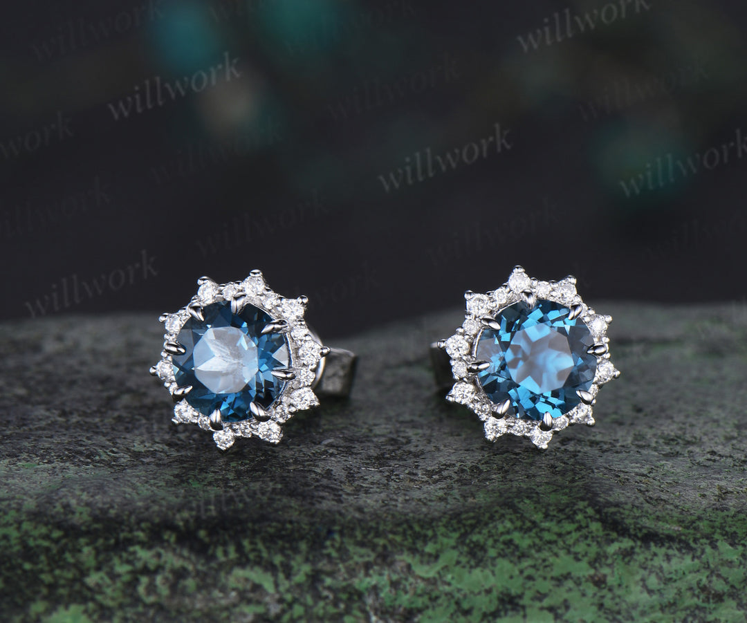 Round Cut London Blue Topaz Stud Earrings 14k white Gold halo snowdrift diamond December Birthstone Earrings women