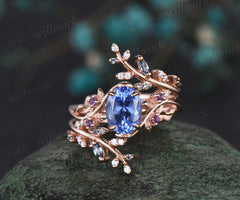 Vintage oval tanzanite engagement ring nature inspired leaf amethyst ring wedding band enhancer twisted bridal ring set women