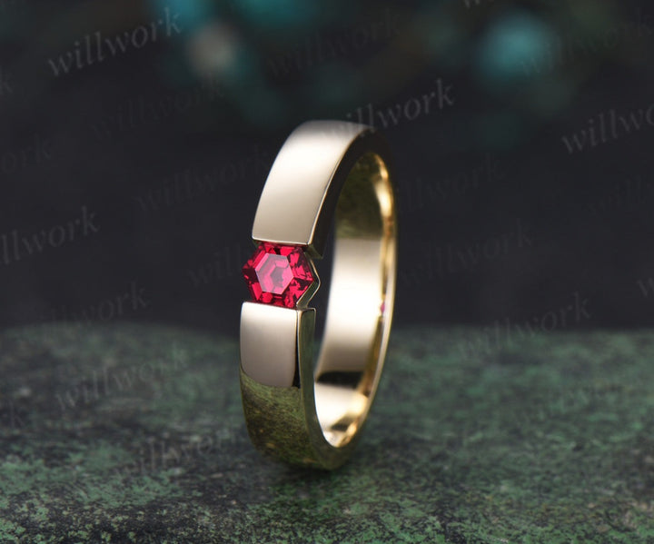 Men Ruby Rings 14K Solid Rose Gold Polish Band Male 4mm Hexagon cut red ruby Band Tension Set Ring Men Gemstone Promise Wedding Band