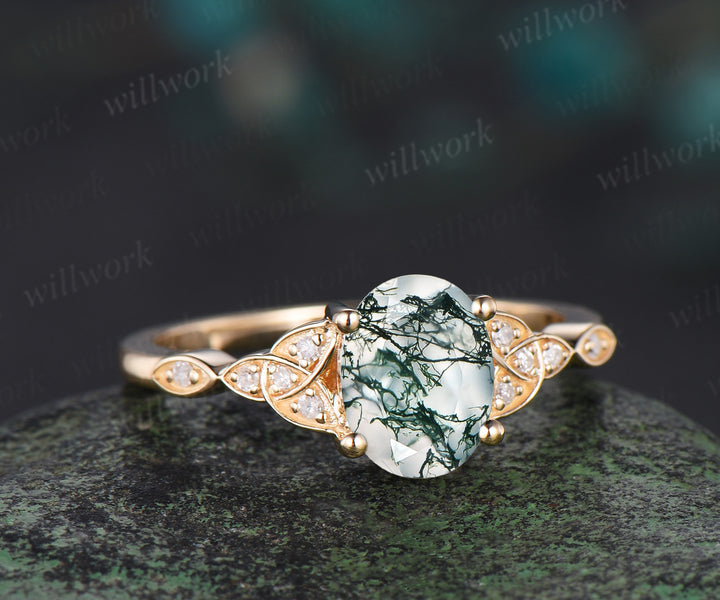 Oval cut moss agate ring yellow gold Celtic knot diamond ring marquise unique Engagement Ring women dainty promise ring