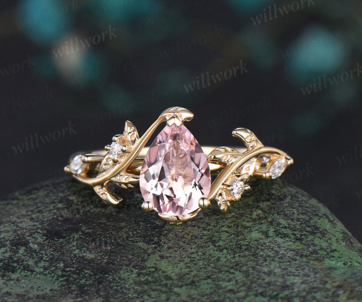 Pear shaped pink morganite engagement ring set solid 14k yellow gold leaf branch nature inspired promise bridal ring women jewelry