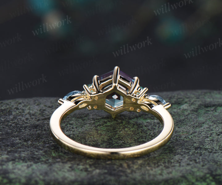 Hexagon cut alexandrite engagement ring round emerald marquise moonstone seven stone ring unique color change gem ring for women